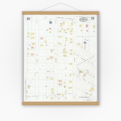Old map wall art mockup — magnetic wood frame on white wall — Sanborn Fire Insurance Map from East Detroit, Macomb County, Michigan (1931), Sheet #0015