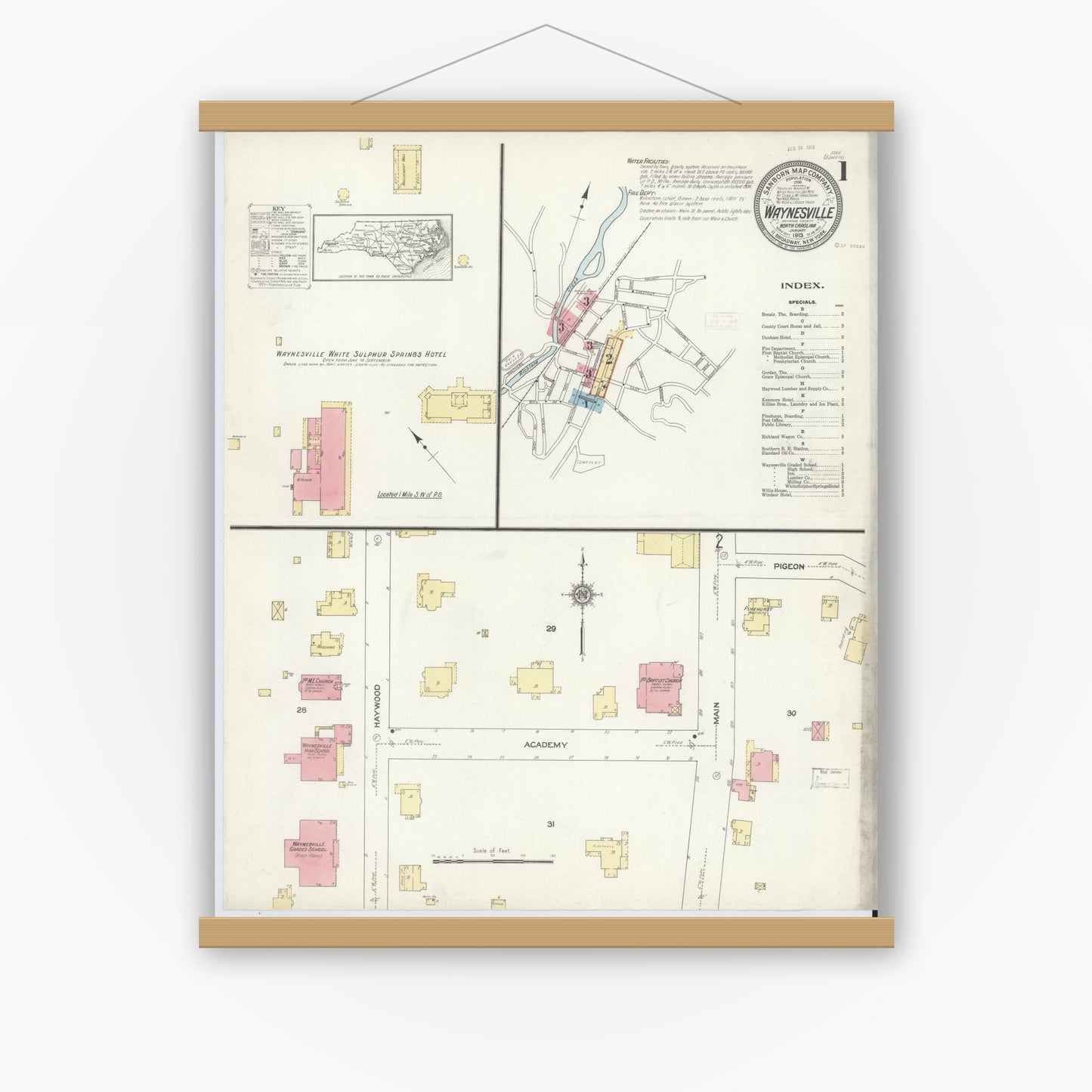 Old map wall art mockup — magnetic wood frame on white wall — Sanborn Fire Insurance Map from Waynesville, Haywood County, North Carolina (1913) - Complete Map Set