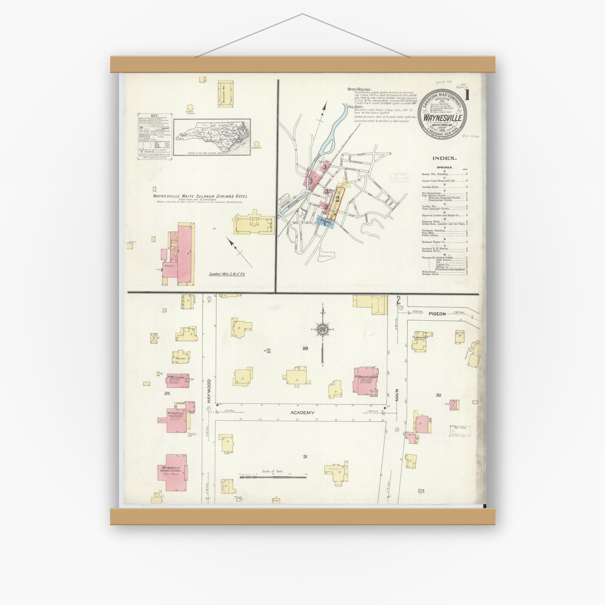 Old map wall art mockup — magnetic wood frame on white wall — Sanborn Fire Insurance Map from Waynesville, Haywood County, North Carolina (1913) - Complete Map Set