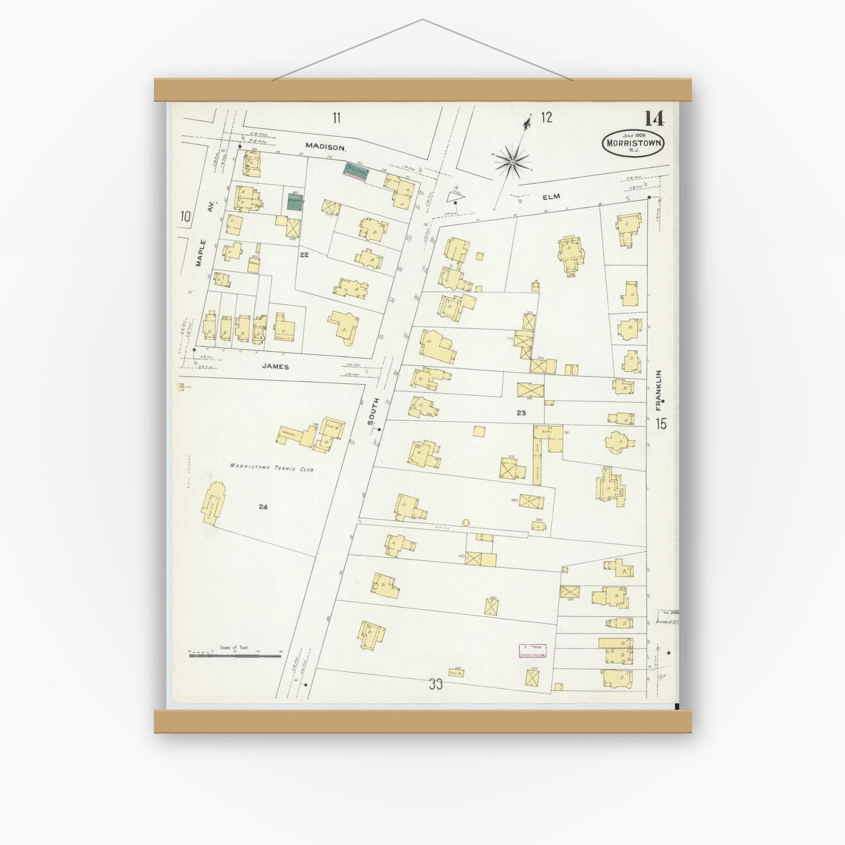 Old map wall art mockup — magnetic wood frame on white wall — Sanborn Fire Insurance Map from Morristown, Morris County, New Jersey (1909), Sheet #0014