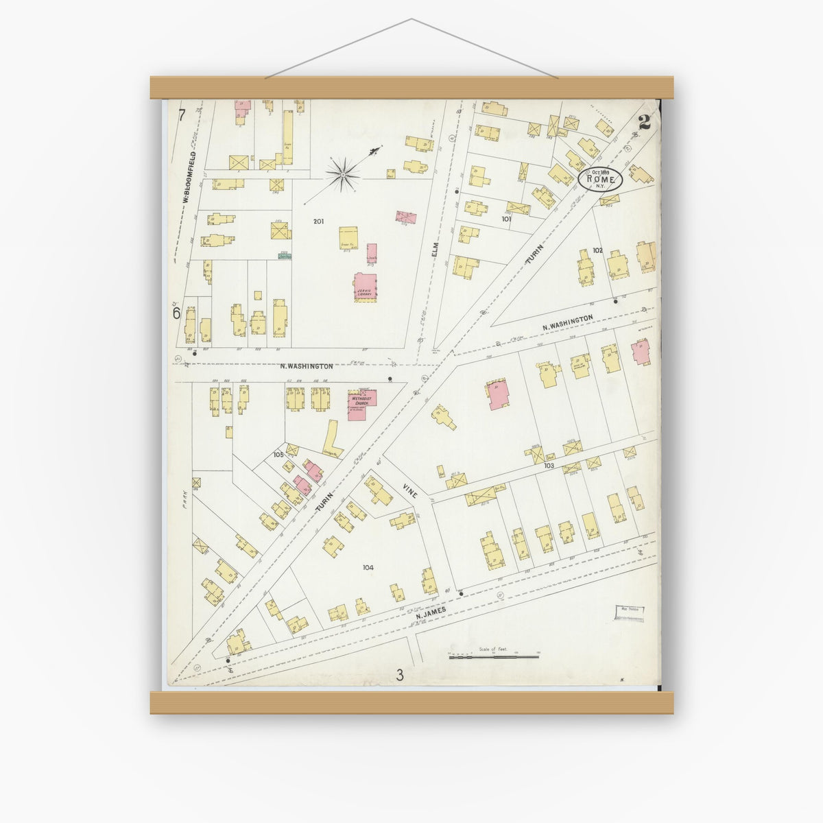 Old map wall art mockup — magnetic wood frame on white wall — Sanborn Fire Insurance Map from Rome, Oneida County, New York (1899), Sheet #0002