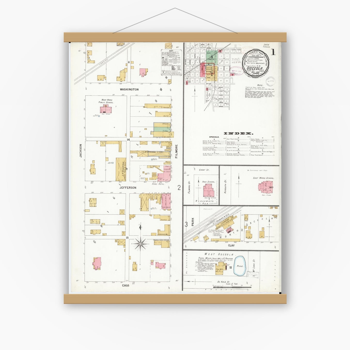Old map wall art mockup — magnetic wood frame on white wall — Sanborn Fire Insurance Map from Osceola, Clarke County, Iowa (1899) â€” Complete Set