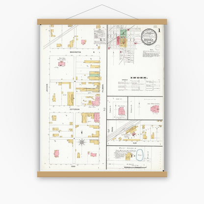Old map wall art mockup — magnetic wood frame on white wall — Sanborn Fire Insurance Map from Osceola, Clarke County, Iowa (1899) â€” Complete Set