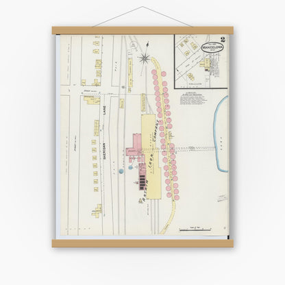 Old map wall art mockup — magnetic wood frame on white wall — Sanborn Fire Insurance Map from Mancelona, Antrim County, Michigan (1890), Sheet #0002