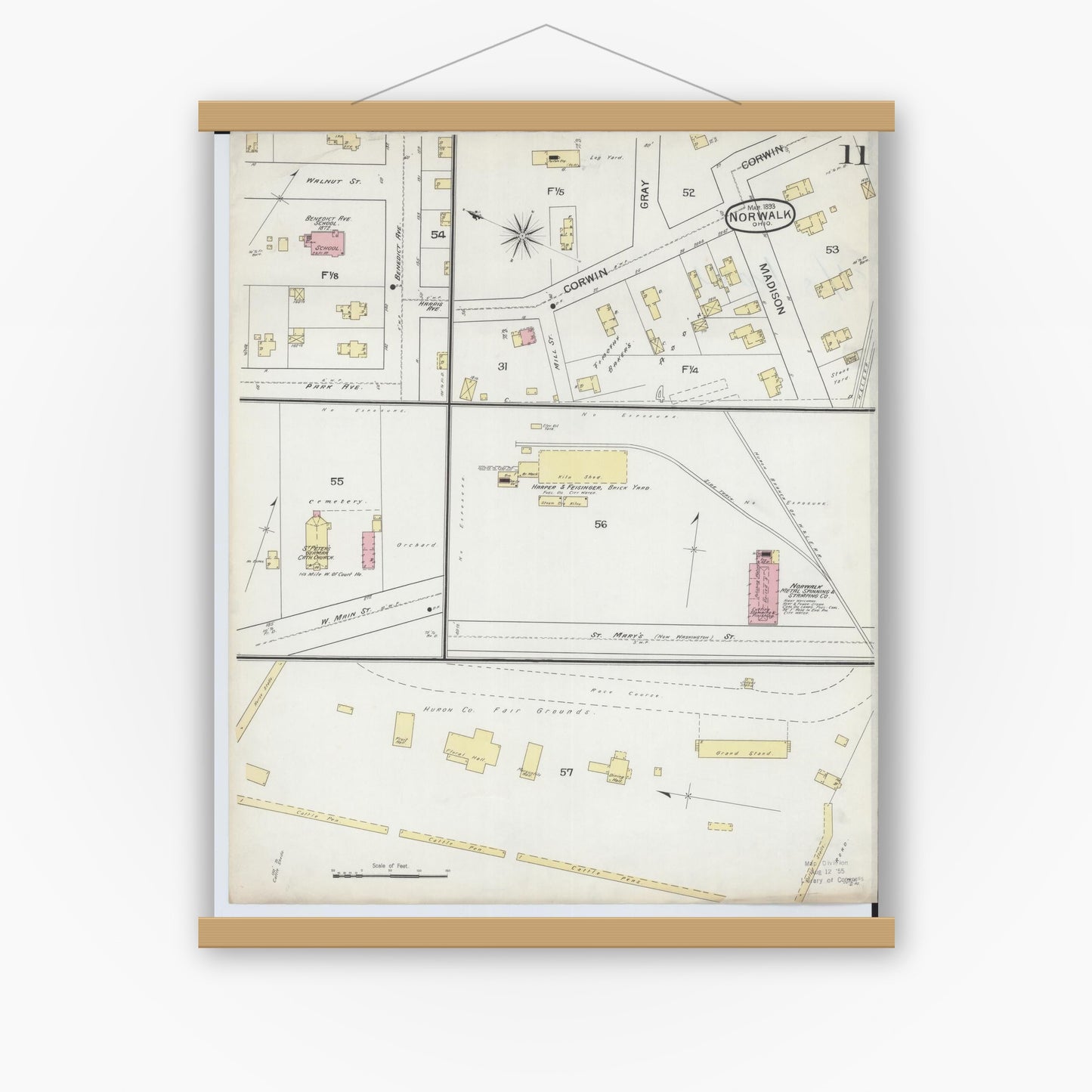 Old map wall art mockup — magnetic wood frame on white wall — Sanborn Fire Insurance Map from Norwalk, Huron County, Ohio (1893), Sheet #0011