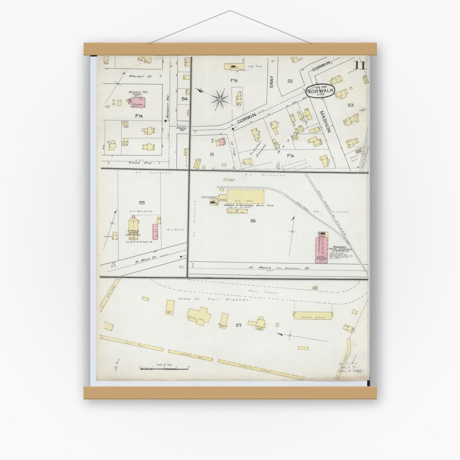 Old map wall art mockup — magnetic wood frame on white wall — Sanborn Fire Insurance Map from Norwalk, Huron County, Ohio (1893), Sheet #0011
