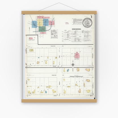 Old map wall art mockup — magnetic wood frame on white wall — Sanborn Fire Insurance Map from Clare, Clare County, Michigan (1910), Sheet #0001