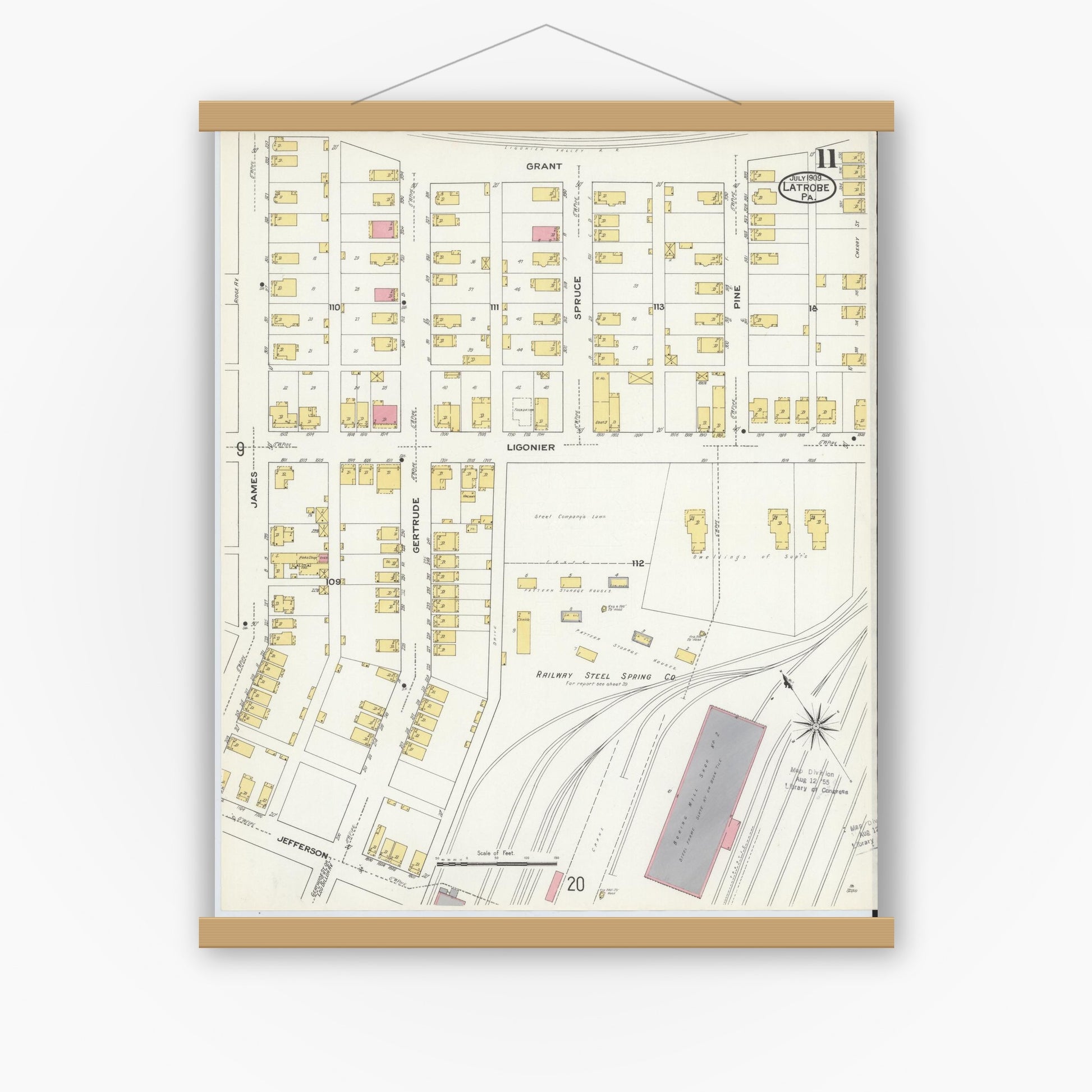 Old map wall art mockup — magnetic wood frame on white wall — Sanborn Fire Insurance Map from Latrobe, Westmoreland County, Pennsylvania (1909), Sheet #0011