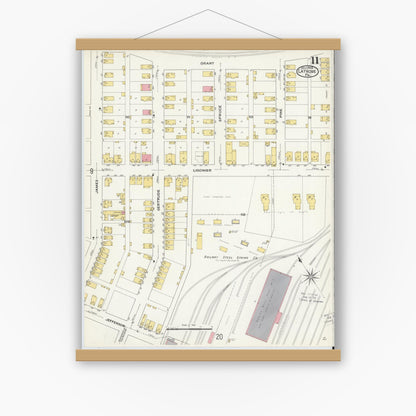 Old map wall art mockup — magnetic wood frame on white wall — Sanborn Fire Insurance Map from Latrobe, Westmoreland County, Pennsylvania (1909), Sheet #0011