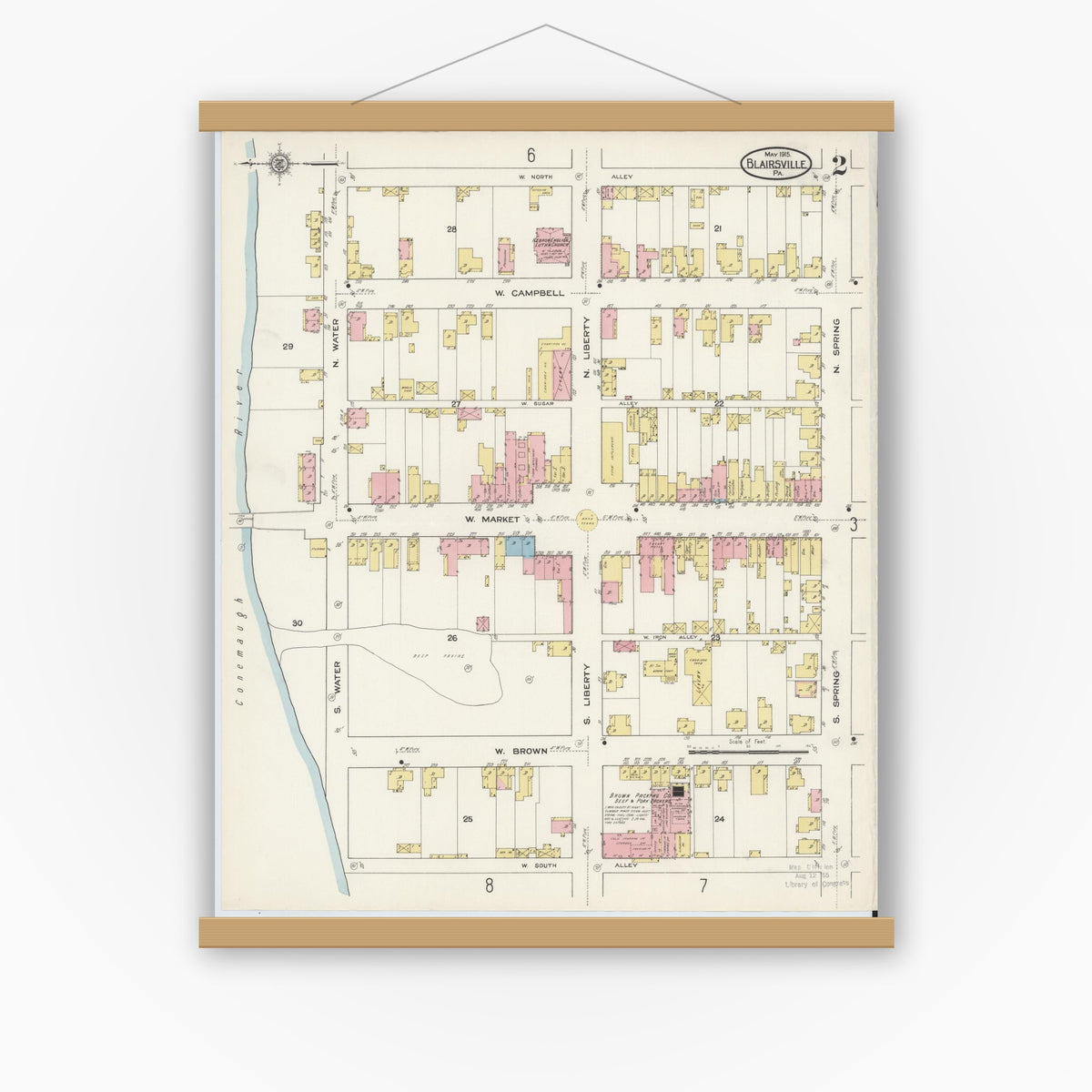 Old map wall art mockup — magnetic wood frame on white wall — Sanborn Fire Insurance Map from Blairsville, Indiana County, Pennsylvania (1915), Sheet #0002