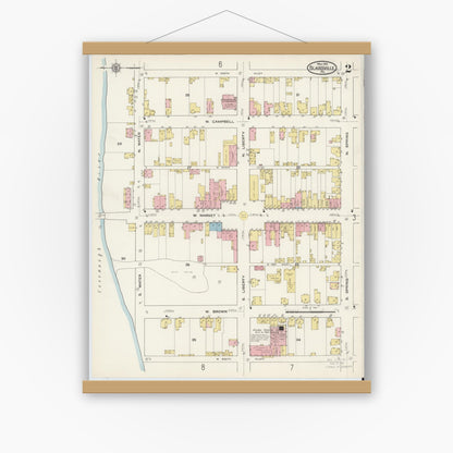 Old map wall art mockup — magnetic wood frame on white wall — Sanborn Fire Insurance Map from Blairsville, Indiana County, Pennsylvania (1915), Sheet #0002
