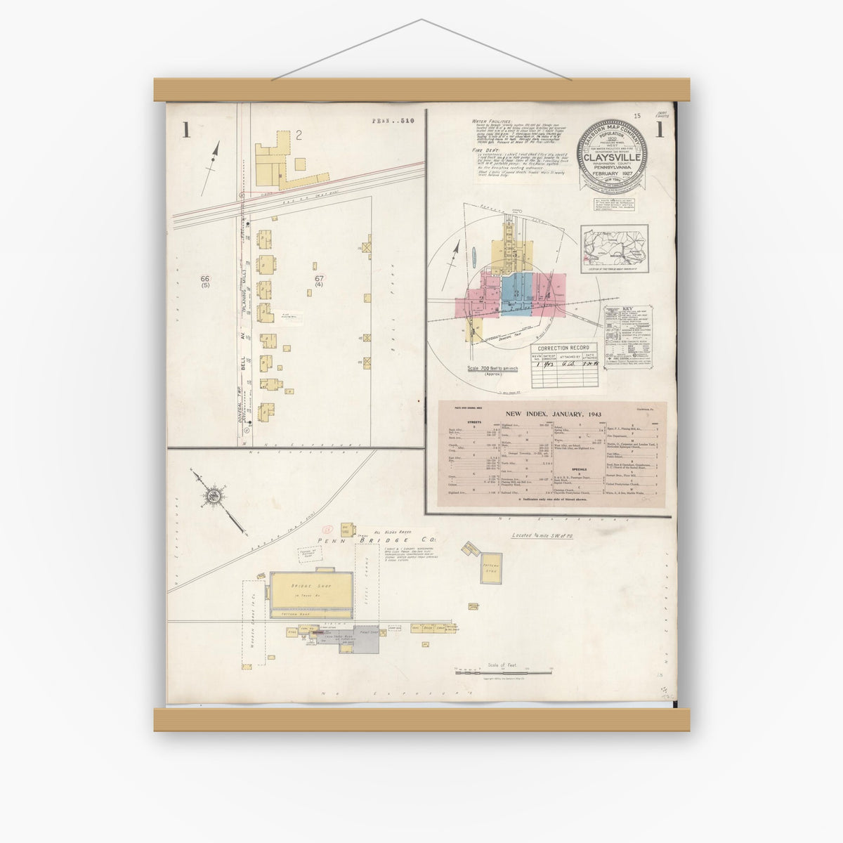 Old map wall art mockup — magnetic wood frame on white wall — Sanborn Fire Insurance Map from Claysville, Washington County, Pennsylvania (1943) - Complete Map Set