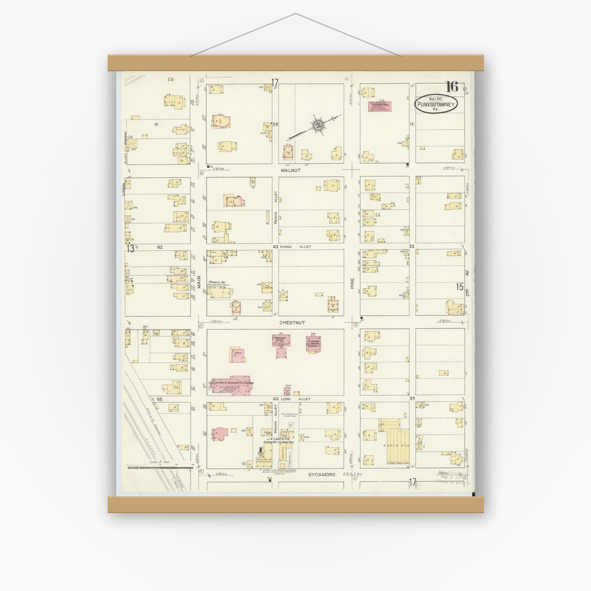 Old map wall art mockup — magnetic wood frame on white wall — Sanborn Fire Insurance Map from Punxsutawney, Jefferson County, Pennsylvania (1912), Sheet #0016