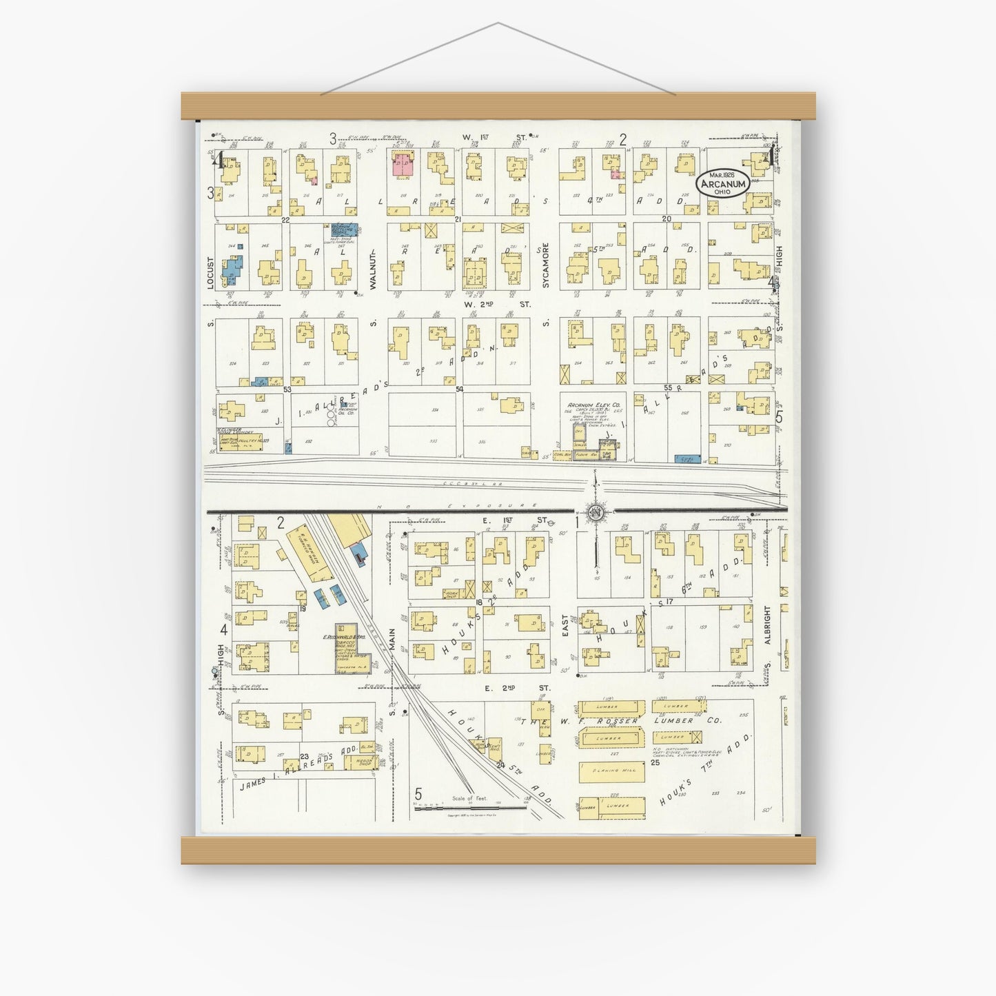 Old map wall art mockup — magnetic wood frame on white wall — Sanborn Fire Insurance Map from Arcanum, Darke County, Ohio (1926), Sheet #0004
