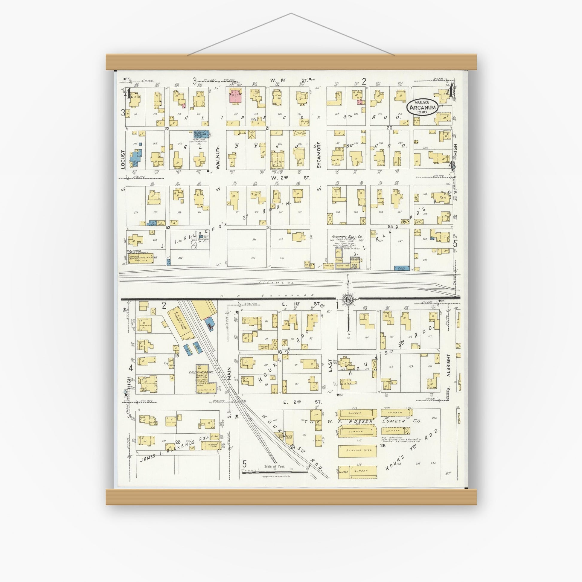 Old map wall art mockup — magnetic wood frame on white wall — Sanborn Fire Insurance Map from Arcanum, Darke County, Ohio (1926), Sheet #0004