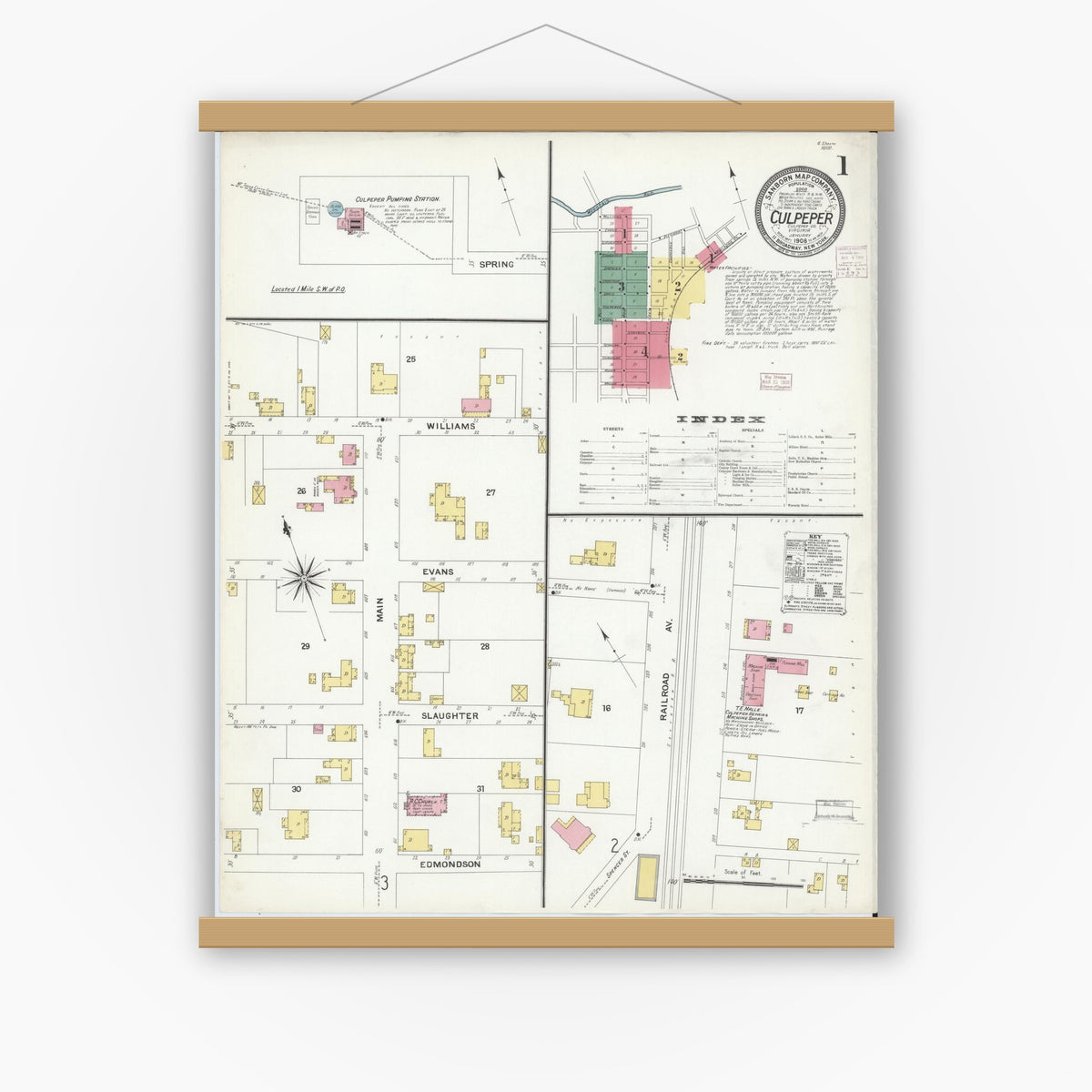Old map wall art mockup — magnetic wood frame on white wall — Sanborn Fire Insurance Map from Culpeper, Culpeper County, Virginia (1908), Sheet #0001