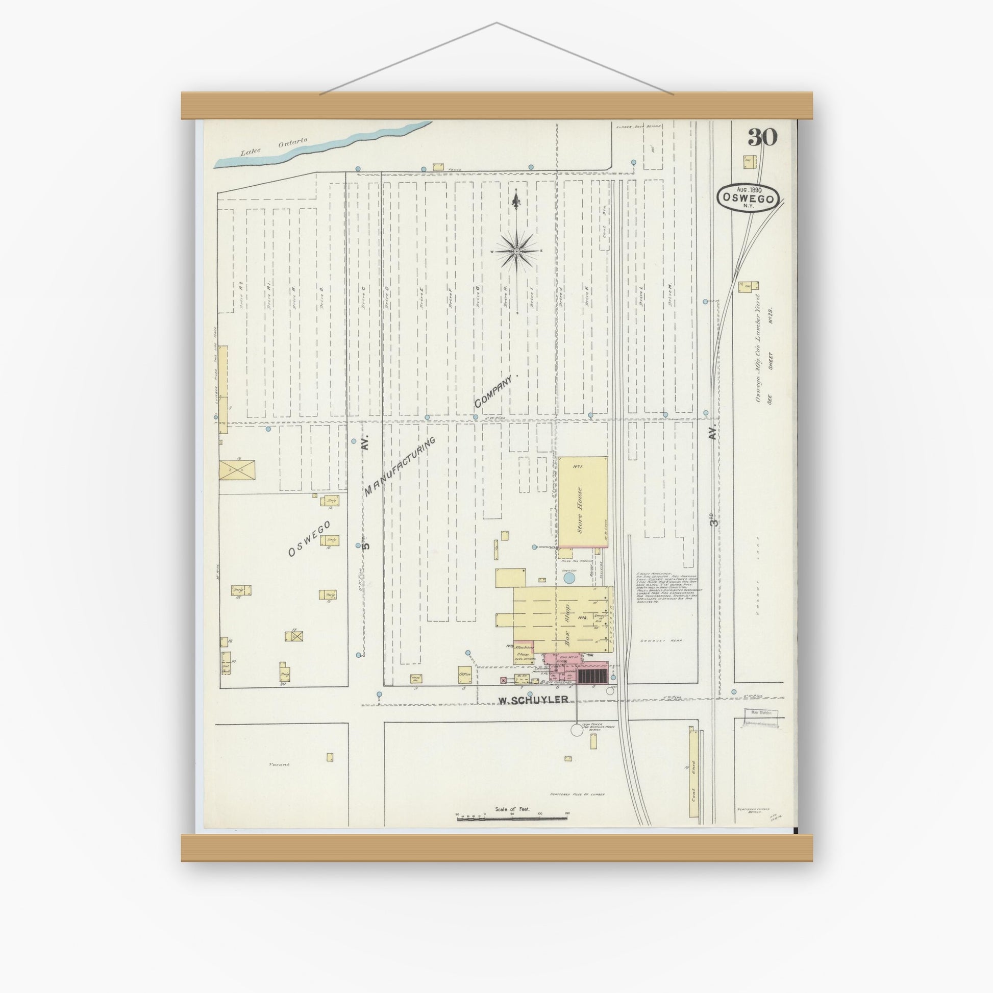 Old map wall art mockup — magnetic wood frame on white wall — Sanborn Fire Insurance Map from Oswego, Oswego County, New York (1890), Sheet #0030