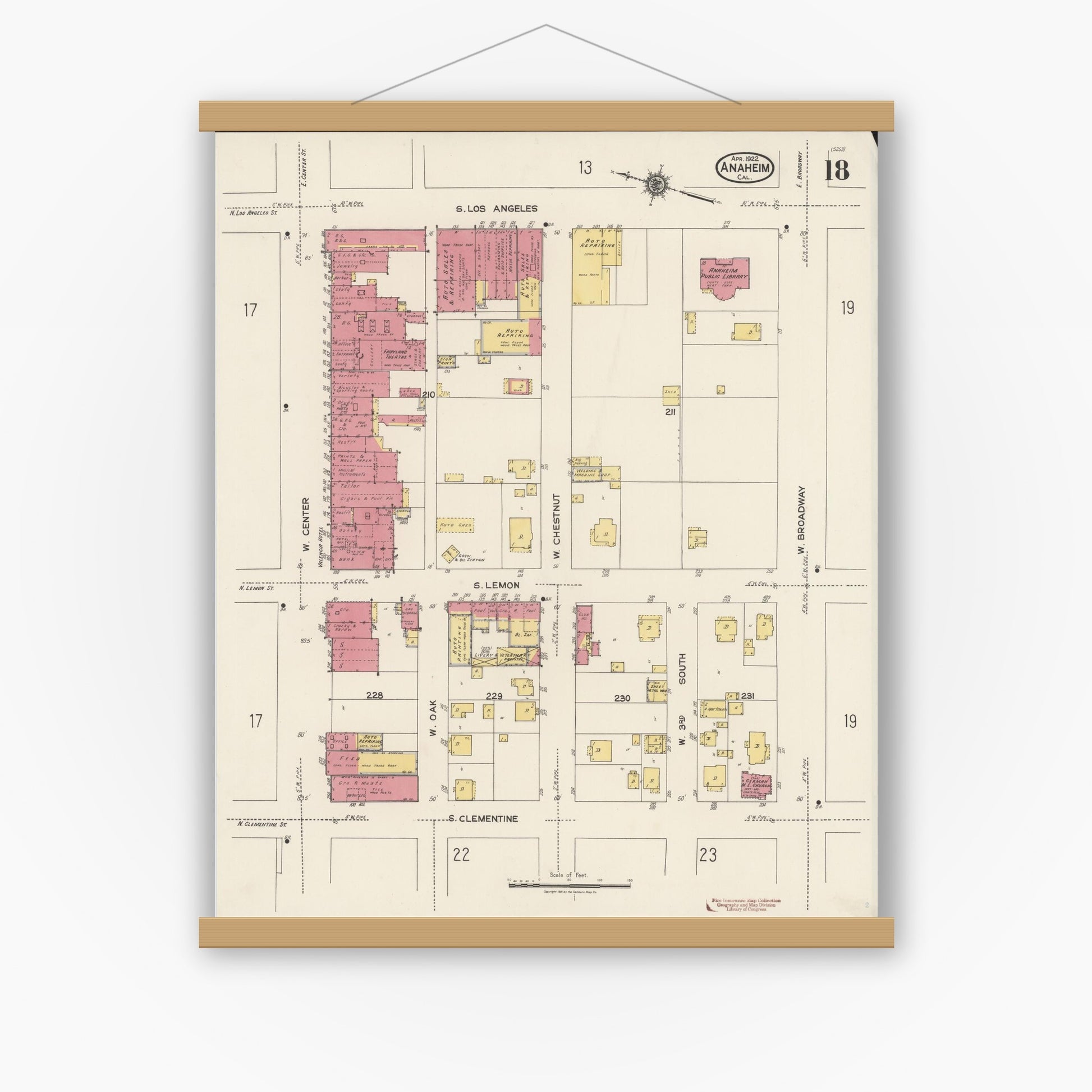 Old map wall art mockup — magnetic wood frame on white wall — Sanborn Fire Insurance Map from Anaheim, Orange County, California (1922), Sheet #0018