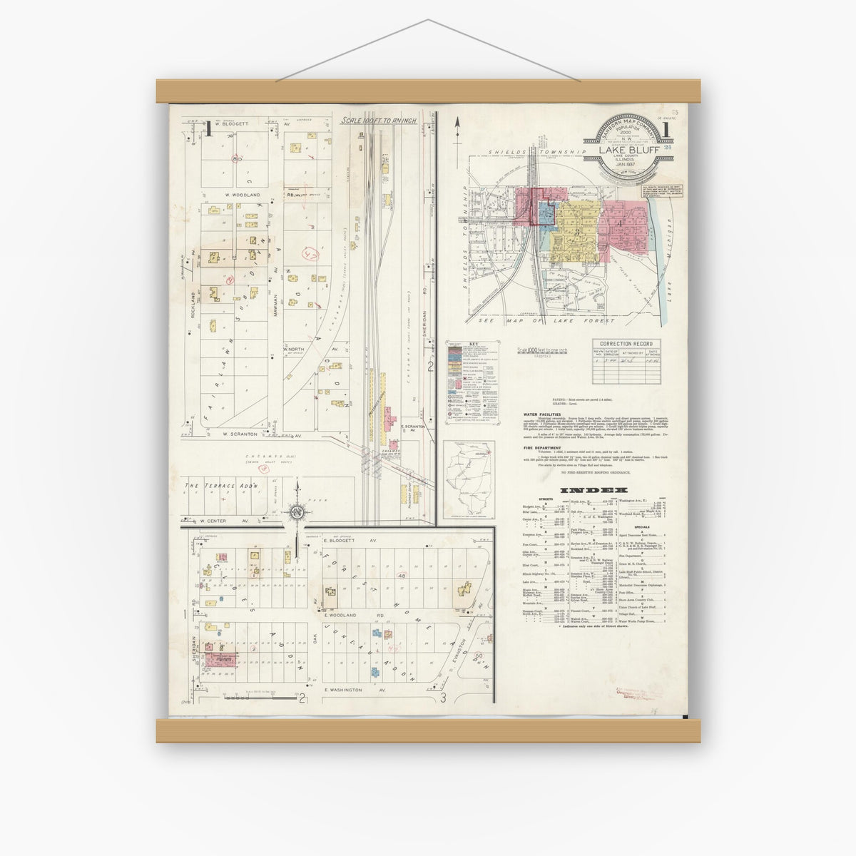 Old map wall art mockup — magnetic wood frame on white wall — Sanborn Fire Insurance Map from Lake Bluff, Lake County, Illinois (1944) - Complete Map Set