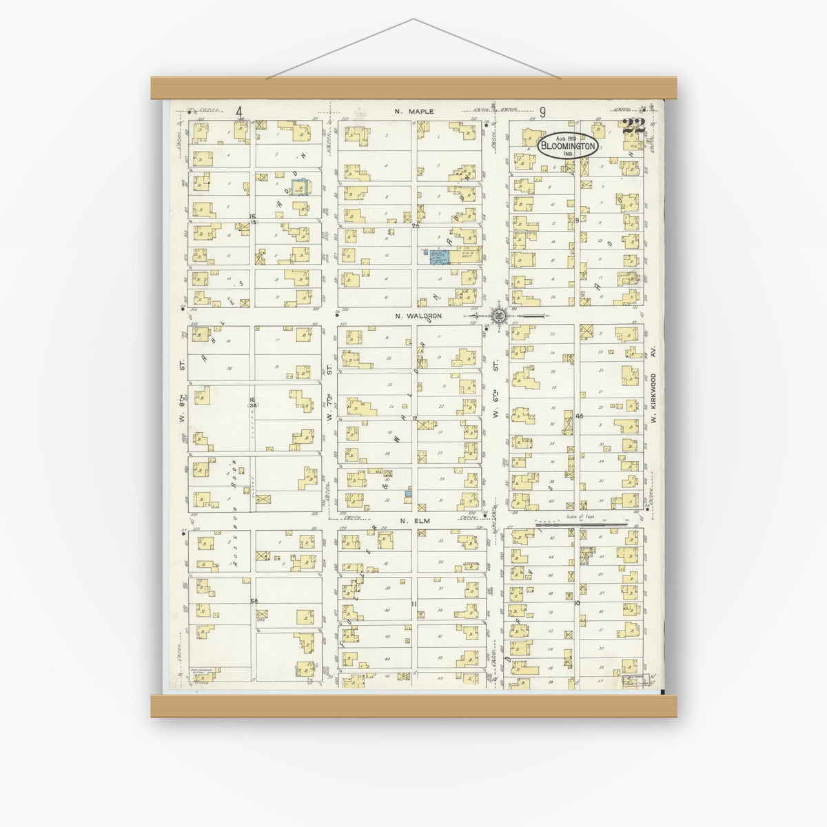 Old map wall art mockup — magnetic wood frame on white wall — Sanborn Fire Insurance Map from Bloomington, Monroe County, Indiana (1913), Sheet #0022