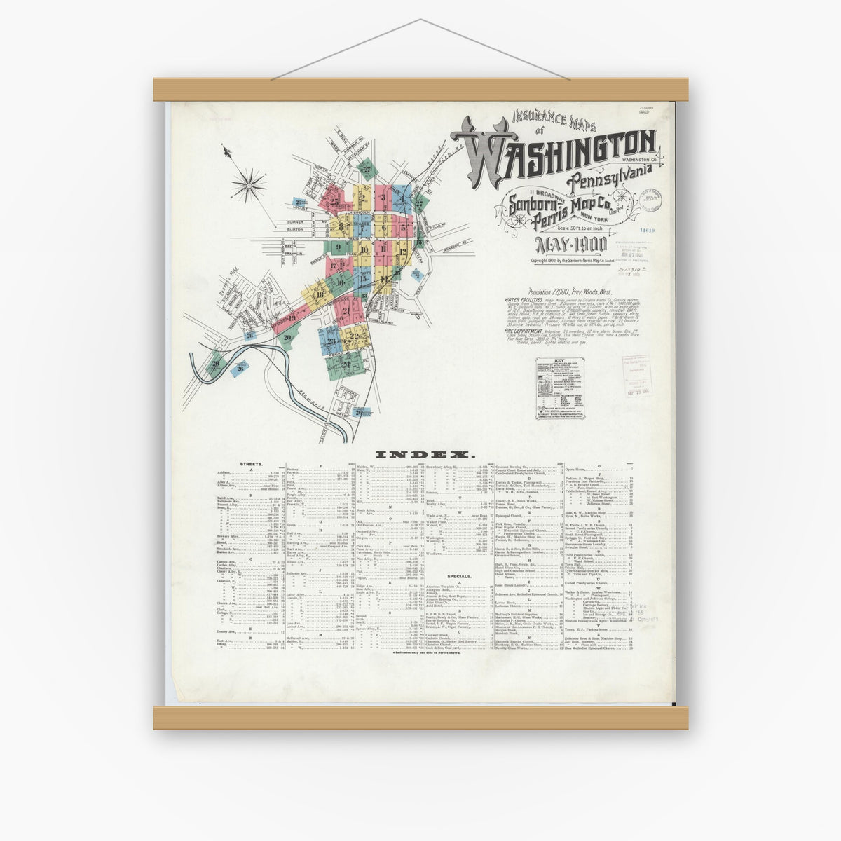 Old map wall art mockup — magnetic wood frame on white wall — Sanborn Fire Insurance Map from Washington, Washington County, Pennsylvania (1900) - Complete Map Set