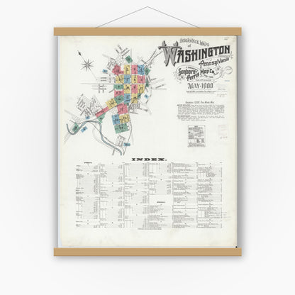 Old map wall art mockup — magnetic wood frame on white wall — Sanborn Fire Insurance Map from Washington, Washington County, Pennsylvania (1900) - Complete Map Set