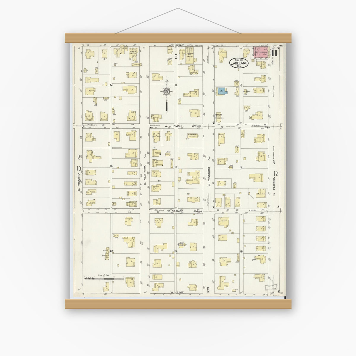 Old map wall art mockup — magnetic wood frame on white wall — Sanborn Fire Insurance Map from Lakeland, Polk County, Florida (1913), Sheet #0011