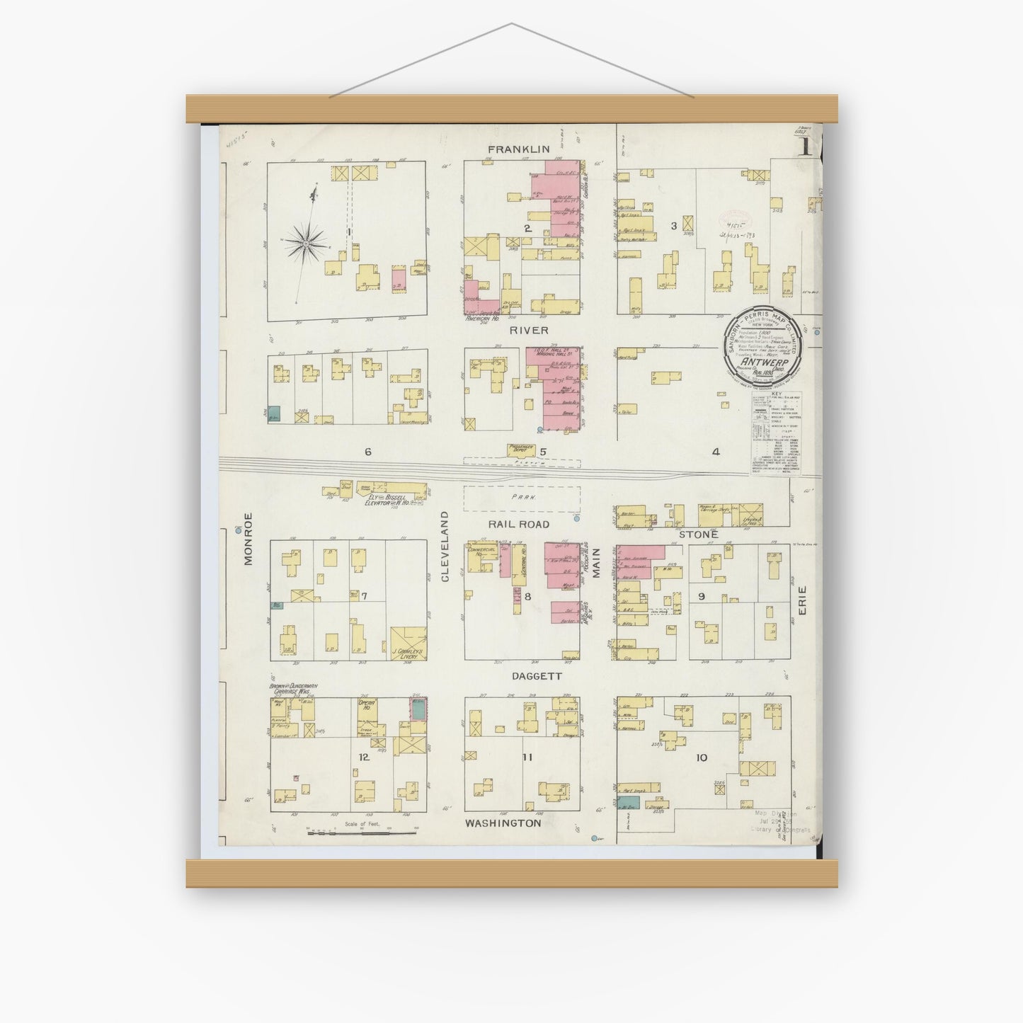 Old map wall art mockup — magnetic wood frame on white wall — Sanborn Fire Insurance Map from Antwerp, Paulding County, Ohio (1893) - Complete Map Set