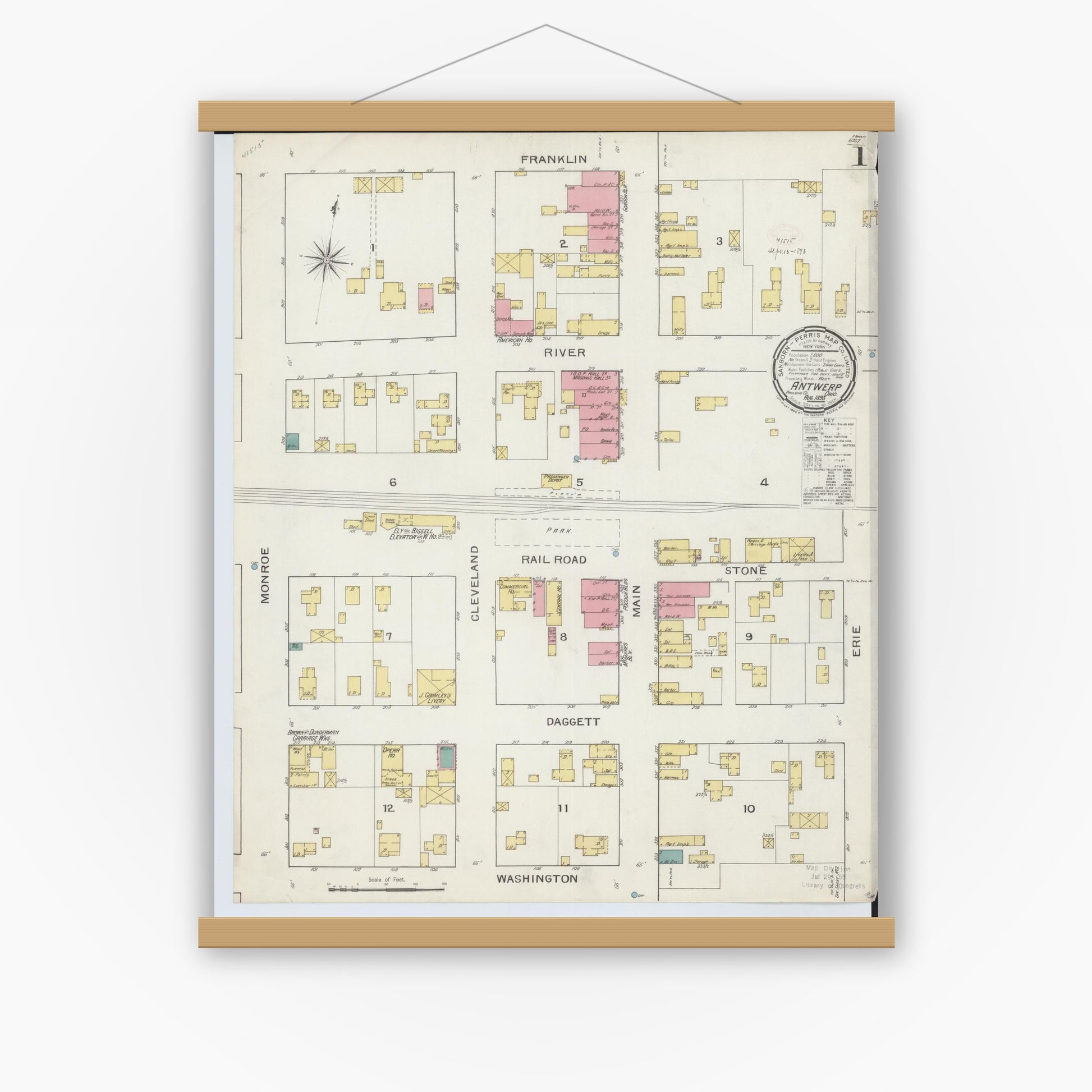 Old map wall art mockup — magnetic wood frame on white wall — Sanborn Fire Insurance Map from Antwerp, Paulding County, Ohio (1893) - Complete Map Set