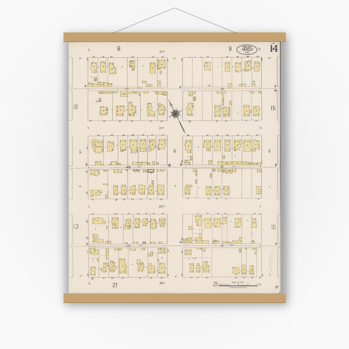 Old map wall art mockup — magnetic wood frame on white wall — Sanborn Fire Insurance Map from Merced, Merced County, California (1922), Sheet #0014
