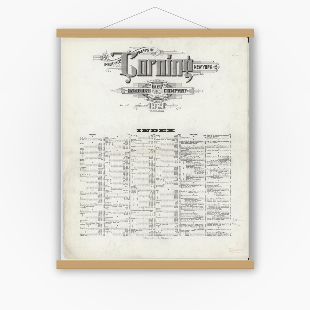 Old map wall art mockup — magnetic wood frame on white wall — Sanborn Fire Insurance Map from Corning, Steuben County, New York (1921), Sheet #0001