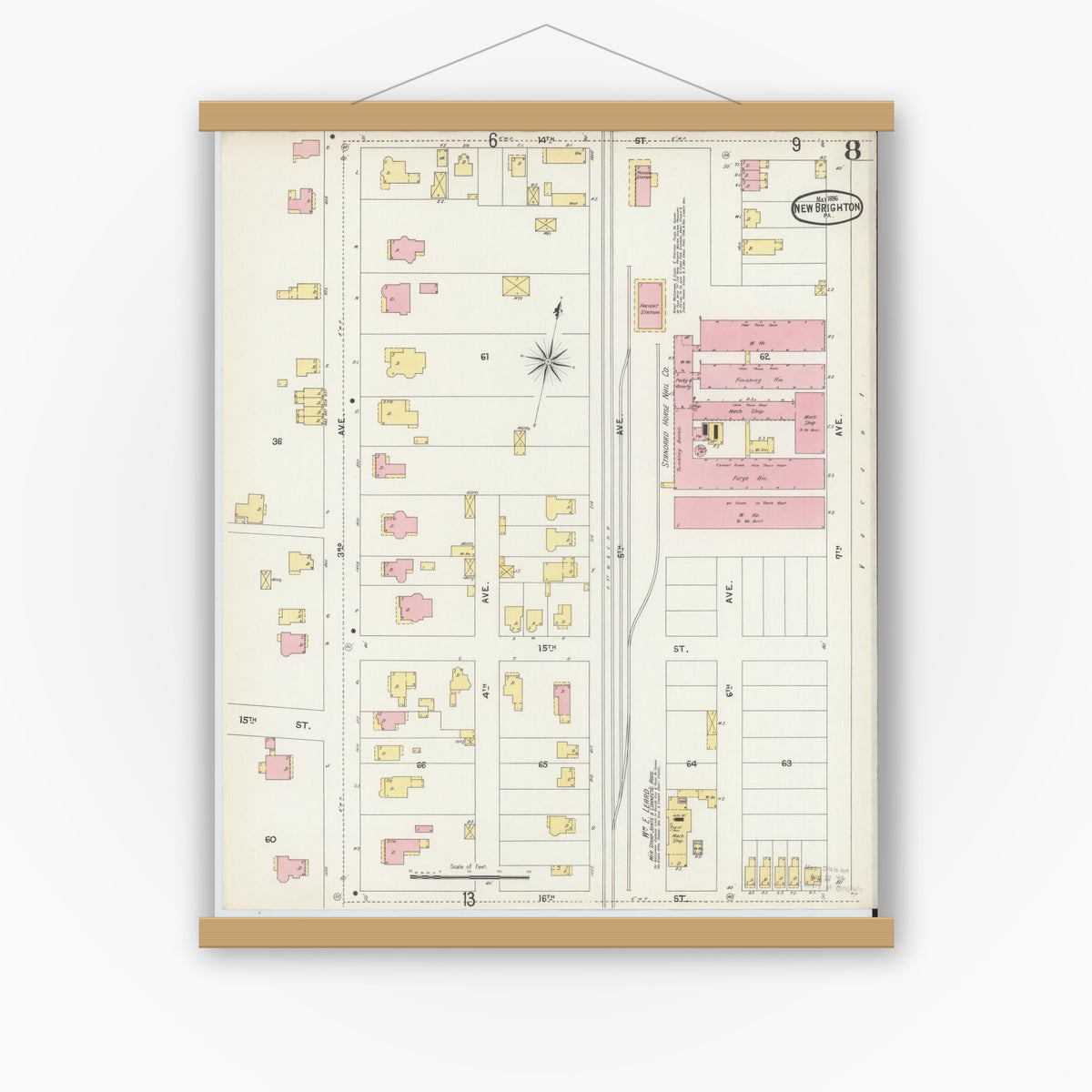 Old map wall art mockup — magnetic wood frame on white wall — Sanborn Fire Insurance Map from New Brighton, Beaver County, Pennsylvania (1896), Sheet #0008