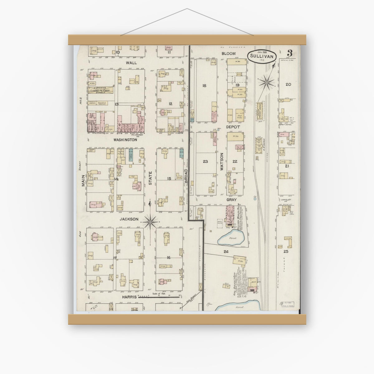 Old map wall art mockup — magnetic wood frame on white wall — Sanborn Fire Insurance Map from Sullivan, Sullivan County, Indiana (1888), Sheet #0003