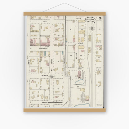 Old map wall art mockup — magnetic wood frame on white wall — Sanborn Fire Insurance Map from Sullivan, Sullivan County, Indiana (1888), Sheet #0003