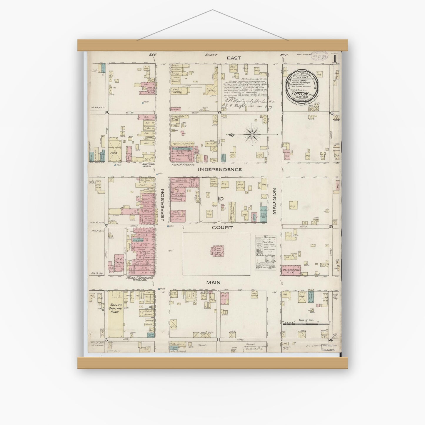 Old map wall art mockup — magnetic wood frame on white wall — Sanborn Fire Insurance Map from Tipton, Tipton County, Indiana (1885), Sheet #0001