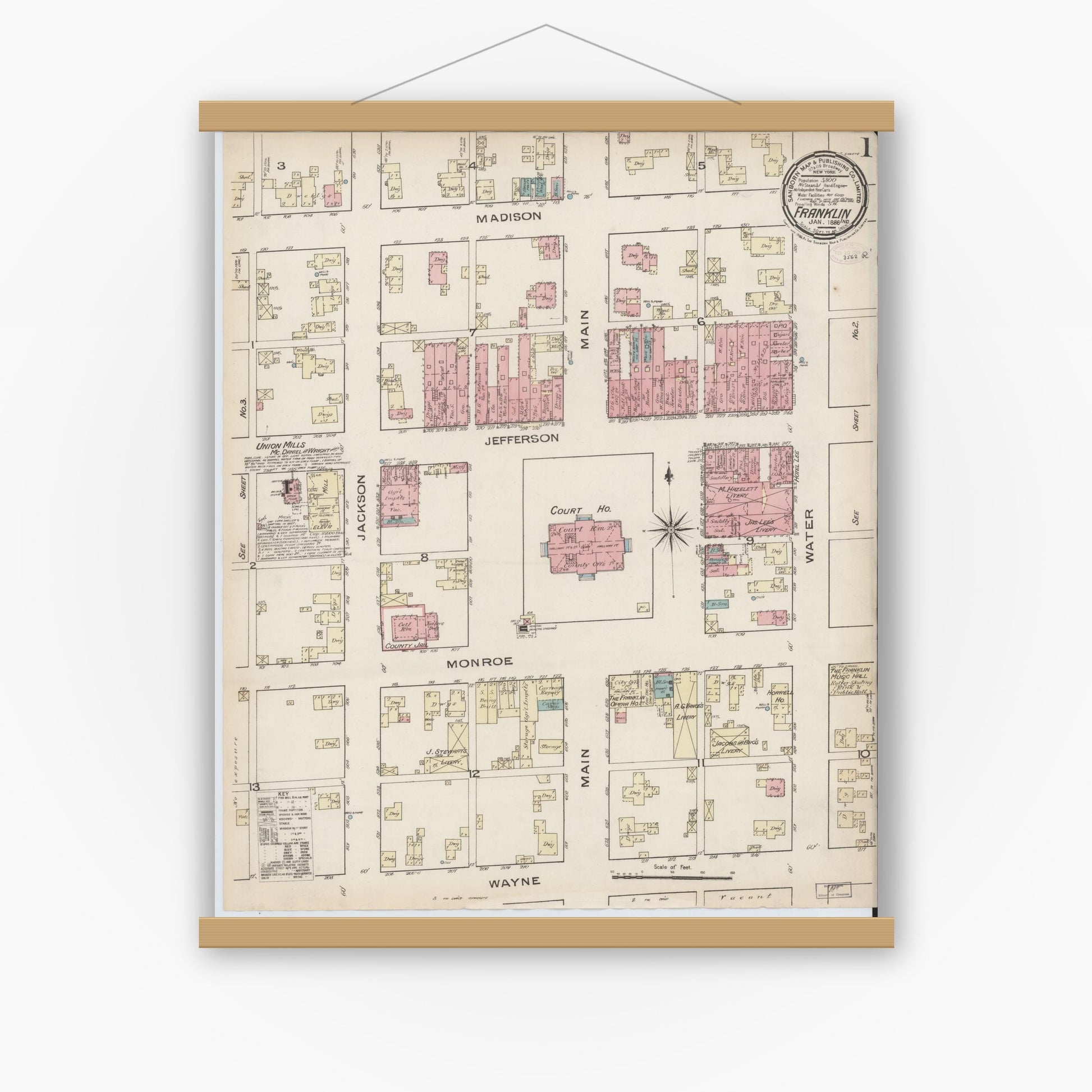 Old map wall art mockup — magnetic wood frame on white wall — Sanborn Fire Insurance Map from Franklin, Johnson County, Indiana (1886) - Complete Map Set