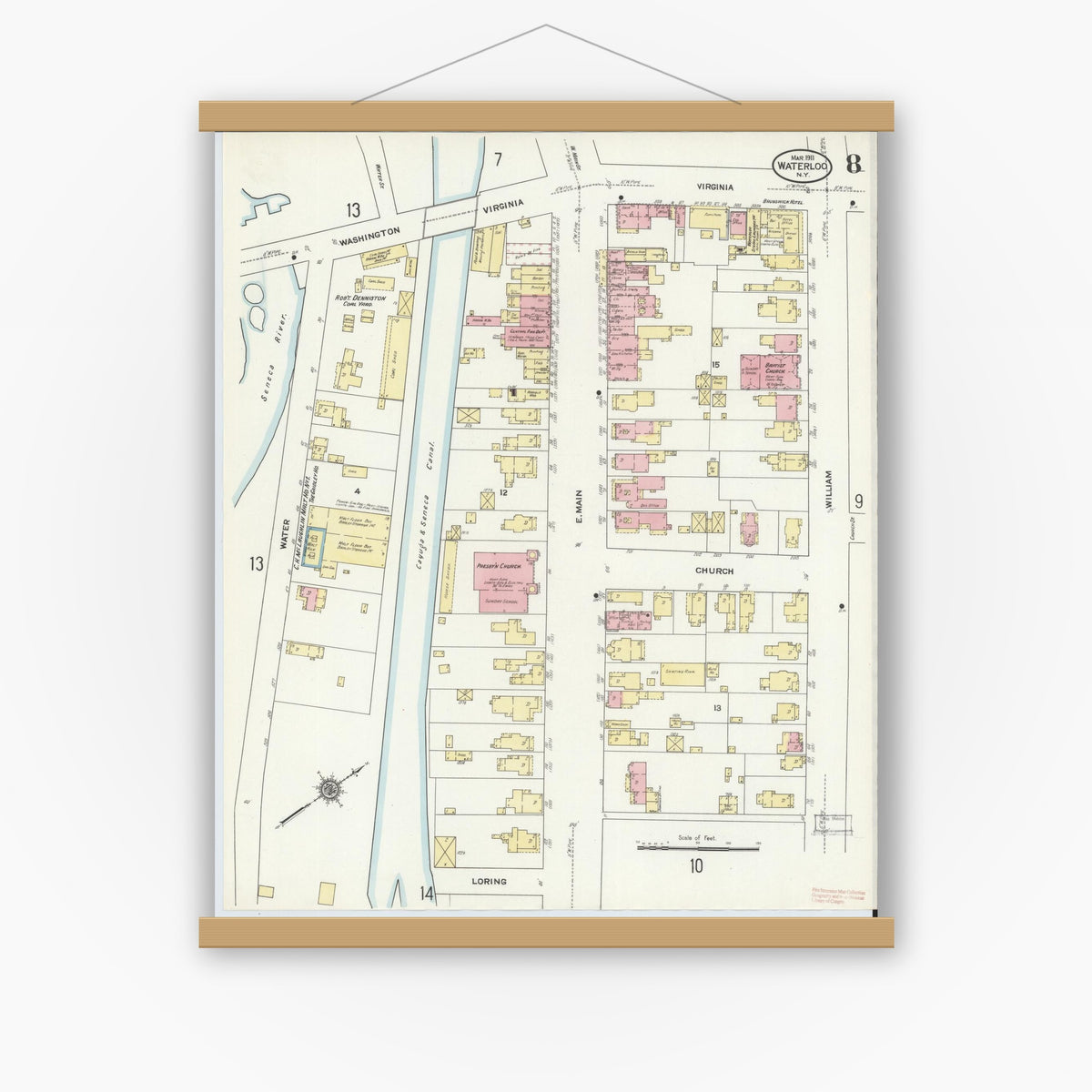 Old map wall art mockup — magnetic wood frame on white wall — Sanborn Fire Insurance Map from Waterloo, Seneca County, New York (1911), Sheet #0008