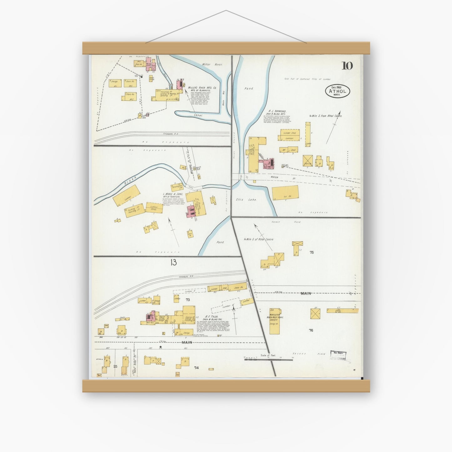 Old map wall art mockup — magnetic wood frame on white wall — Sanborn Fire Insurance Map from Athol, Worcester County, Massachusetts (1900), Sheet #0010