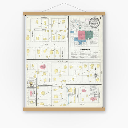 Old map wall art mockup — magnetic wood frame on white wall — Sanborn Fire Insurance Map from Plattsburg, Clinton County, Missouri (1909) - Complete Map Set