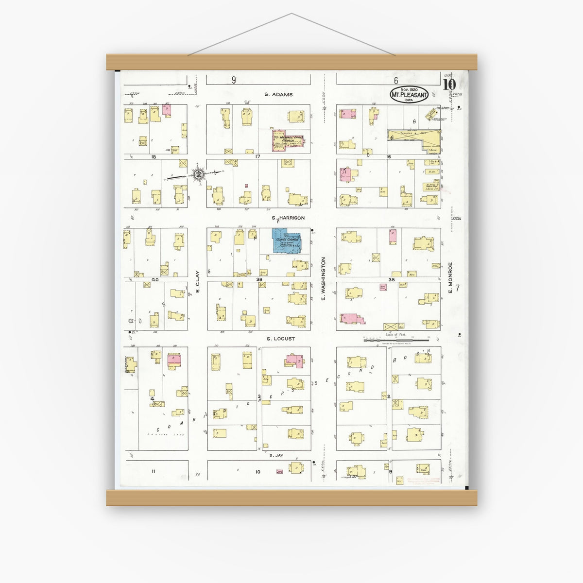 Old map wall art mockup — magnetic wood frame on white wall — Sanborn Fire Insurance Map from Mount Pleasant, Henry County, Iowa (1920), Sheet #0010
