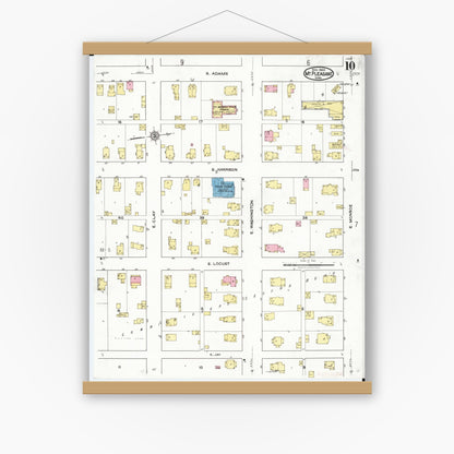Old map wall art mockup — magnetic wood frame on white wall — Sanborn Fire Insurance Map from Mount Pleasant, Henry County, Iowa (1920), Sheet #0010