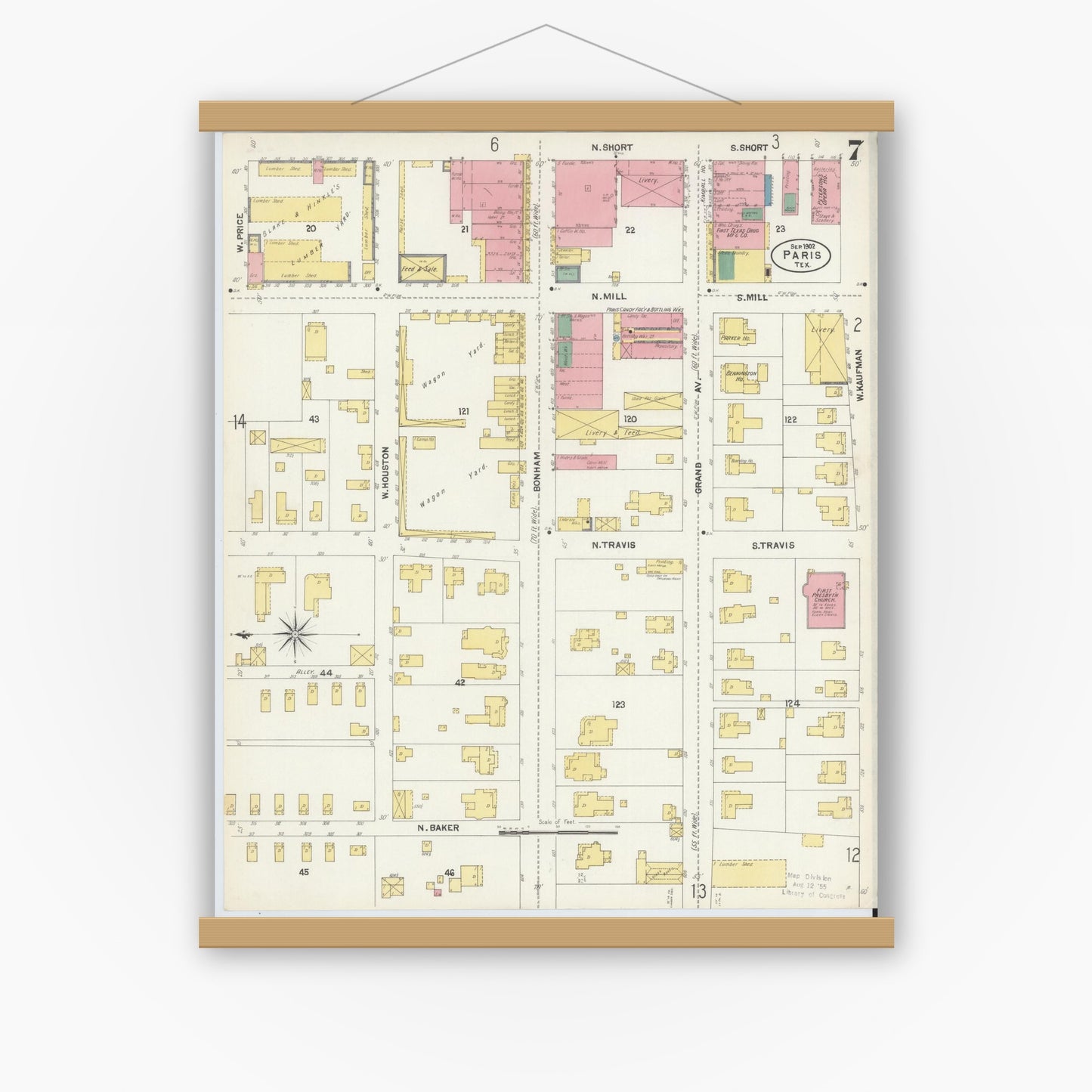 Old map wall art mockup — magnetic wood frame on white wall — Sanborn Fire Insurance Map from Paris, Lamar County, Texas (1902), Sheet #0007