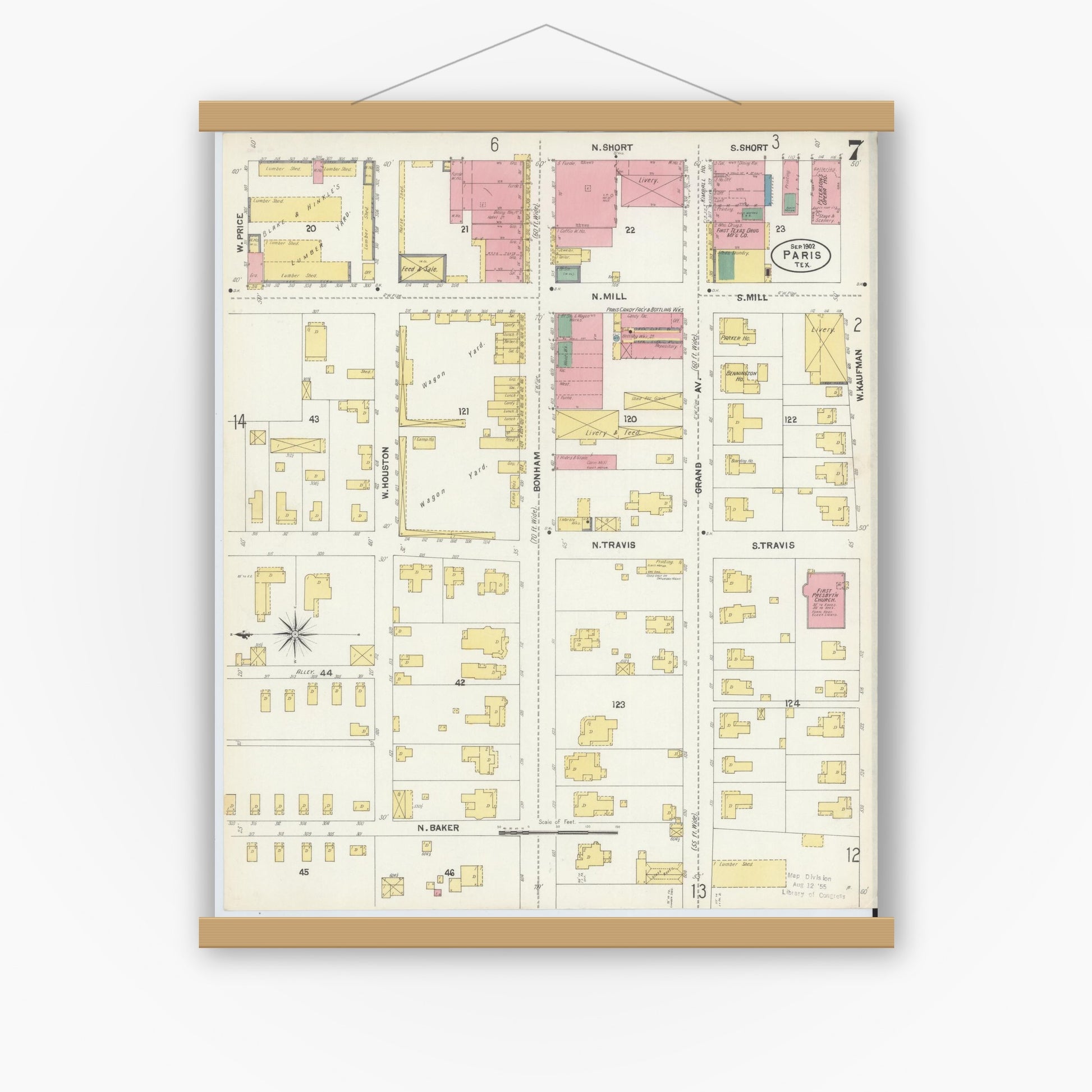Old map wall art mockup — magnetic wood frame on white wall — Sanborn Fire Insurance Map from Paris, Lamar County, Texas (1902), Sheet #0007