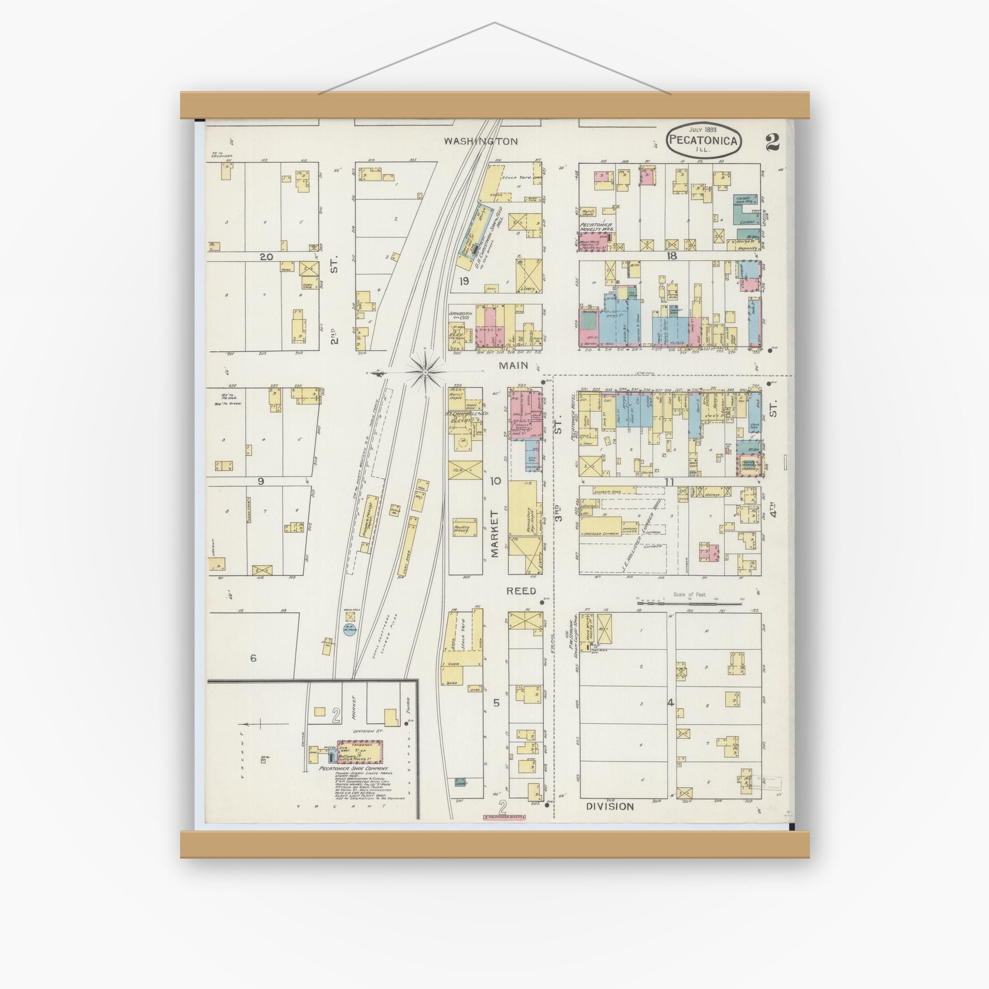 Old map wall art mockup — magnetic wood frame on white wall — Sanborn Fire Insurance Map from Pecatonica, Winnebago County, Illinois (1893), Sheet #0002