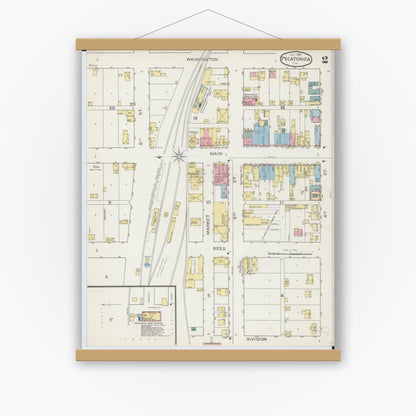 Old map wall art mockup — magnetic wood frame on white wall — Sanborn Fire Insurance Map from Pecatonica, Winnebago County, Illinois (1893), Sheet #0002