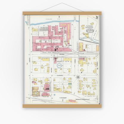 Old map wall art mockup — magnetic wood frame on white wall — Sanborn Fire Insurance Map from Belvidere, Boone County, Illinois (1904), Sheet #0005