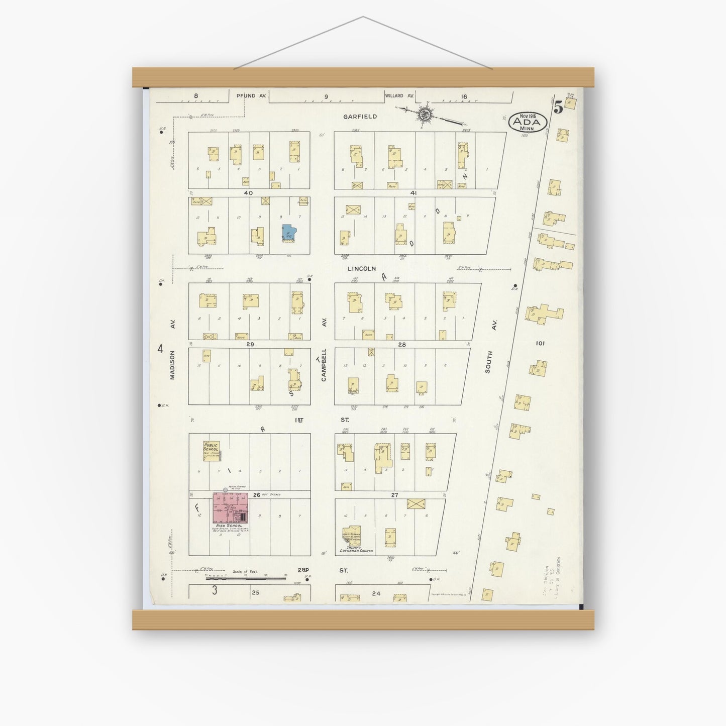 Old map wall art mockup — magnetic wood frame on white wall — Sanborn Fire Insurance Map from Ada, Norman County, Minnesota (1916), Sheet #0005