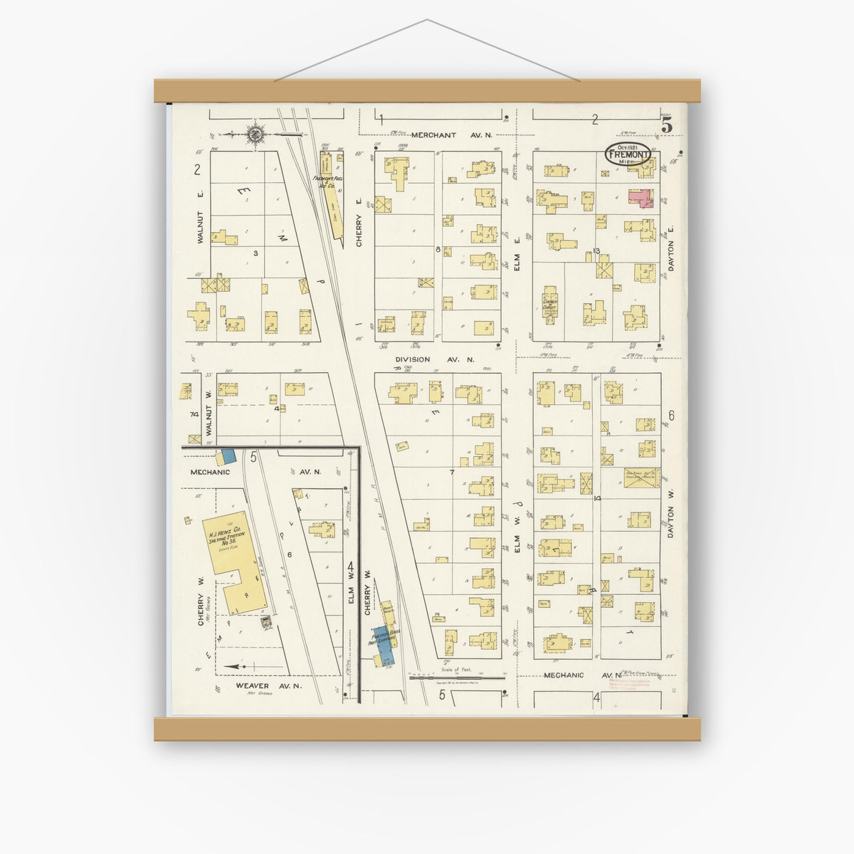 Old map wall art mockup — magnetic wood frame on white wall — Sanborn Fire Insurance Map from Fremont, Newaygo County, Michigan (1921), Sheet #0005