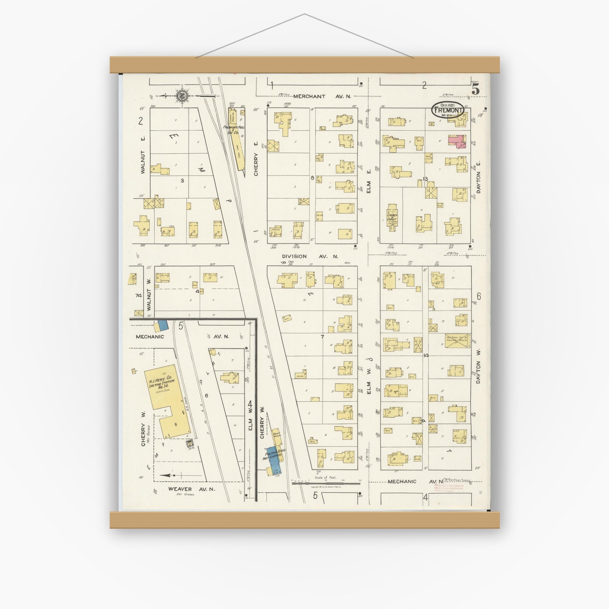 Old map wall art mockup — magnetic wood frame on white wall — Sanborn Fire Insurance Map from Fremont, Newaygo County, Michigan (1921), Sheet #0005
