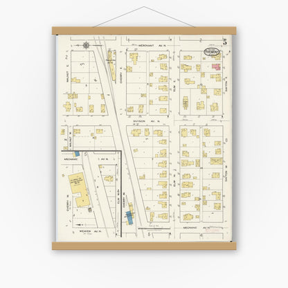Old map wall art mockup — magnetic wood frame on white wall — Sanborn Fire Insurance Map from Fremont, Newaygo County, Michigan (1921), Sheet #0005